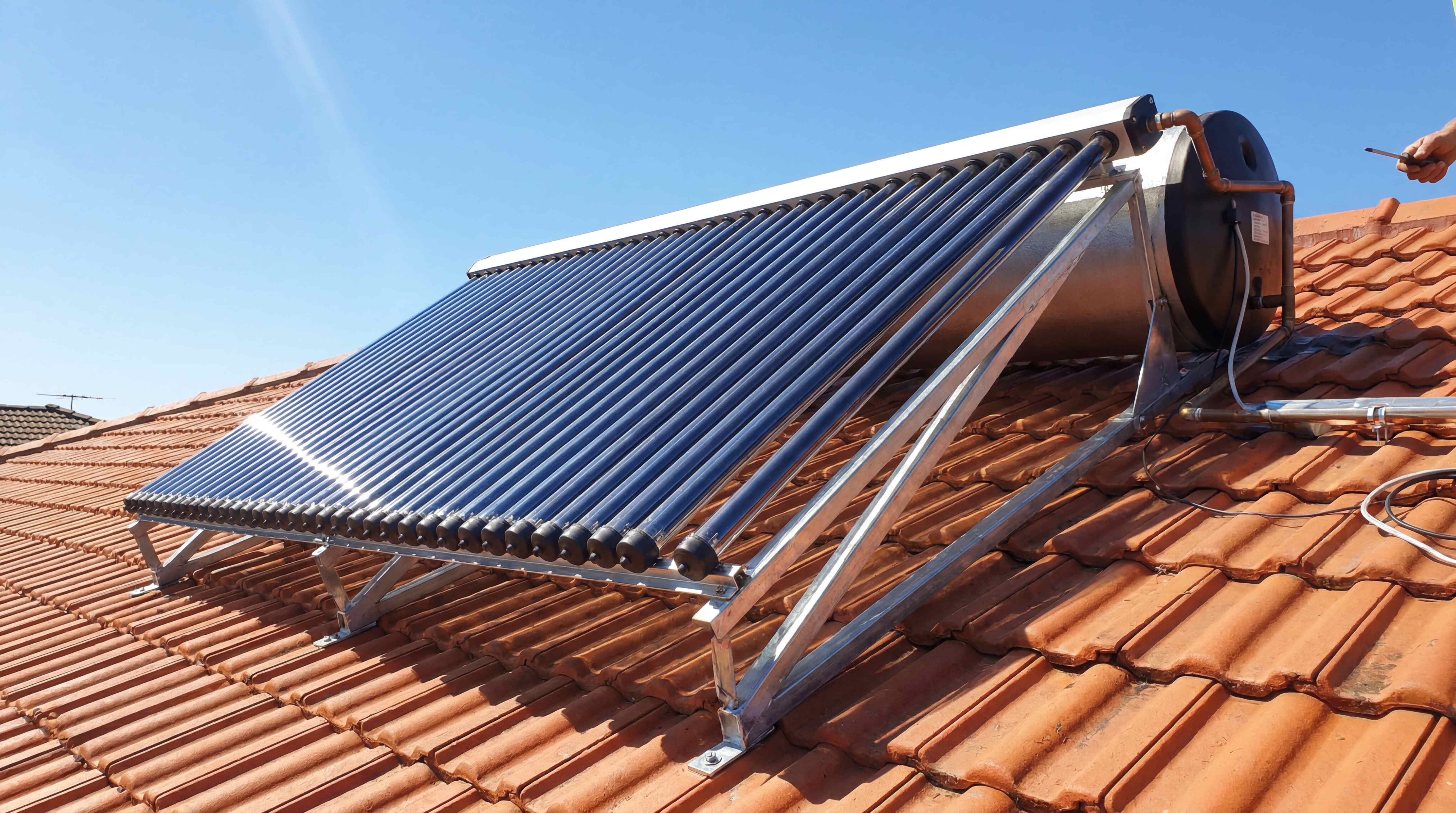 Non-pressure solar water heater with evacuated tubes, storage tank and support frame installed on a tile roof